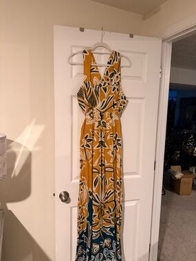 Anthropology Cleobella Mustard Floral Maxi Dress with Navy Accents cut out